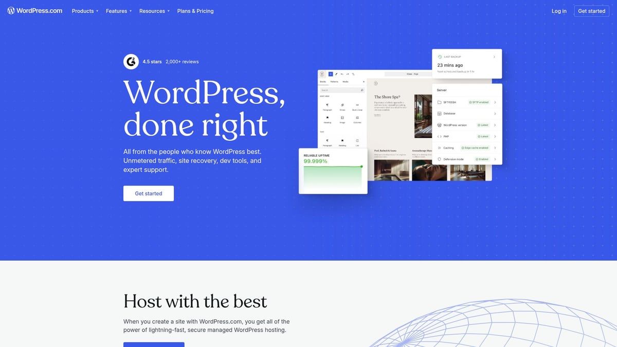 Blue host website homepage with WordPress, done right text and website management UI preview.