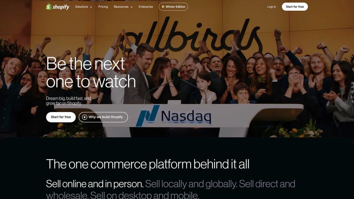 Shopify website homepage with the text