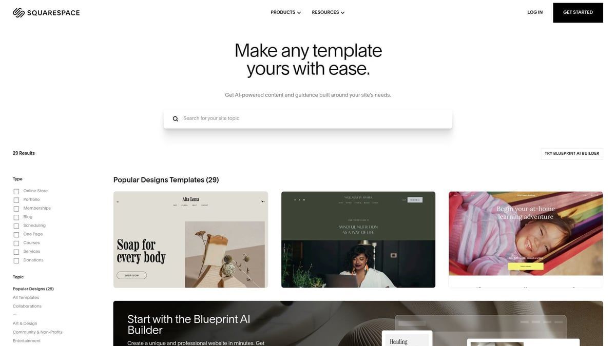 Squarespace website homepage featuring template options.