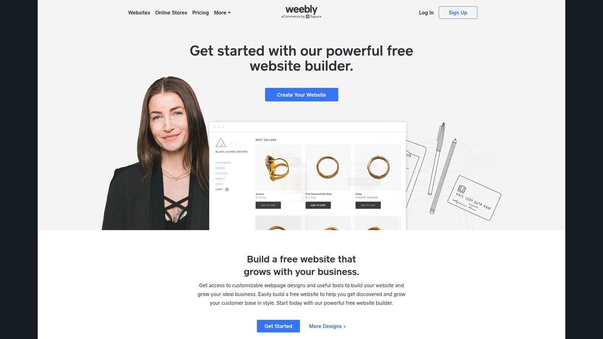 Website homepage showcasing a woman, website builder, and jewelry product display.