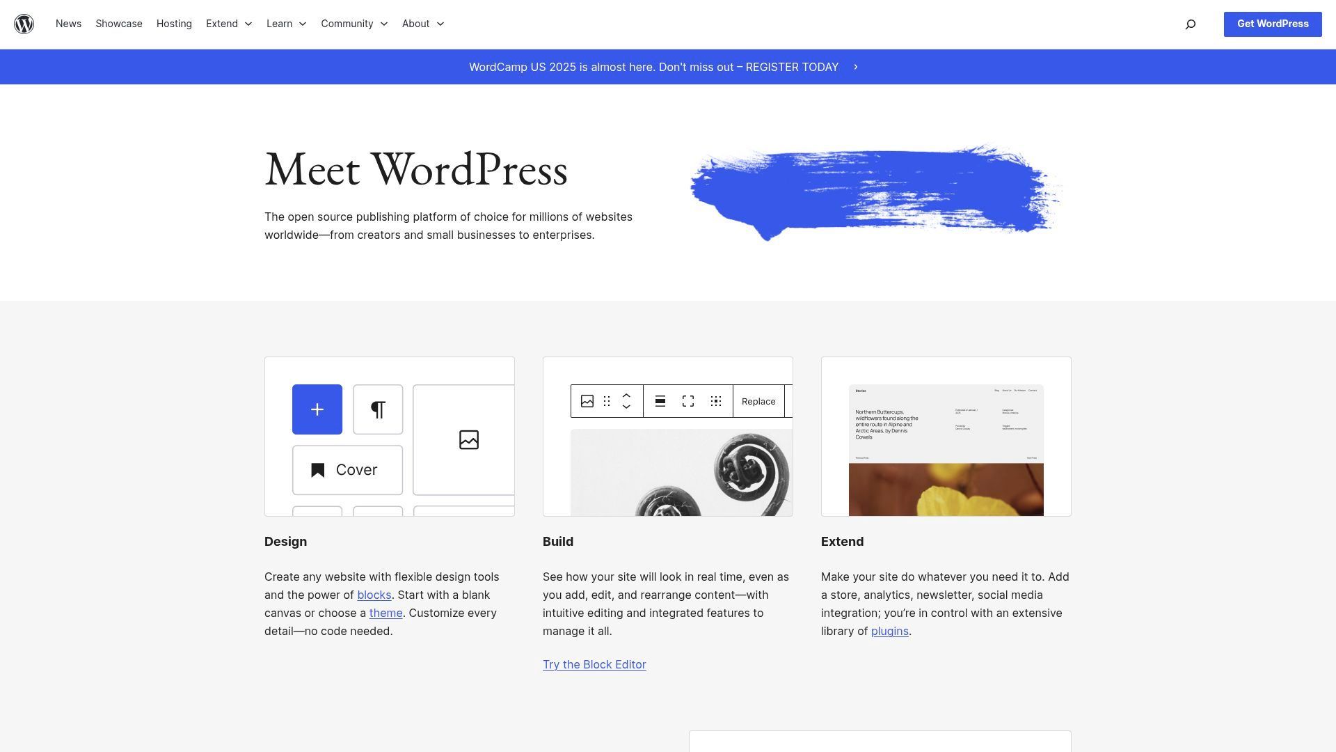 WordPress homepage with the title 