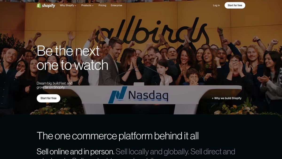 Shopify homepage, crowd looking at Nasdaq sign. Text: 