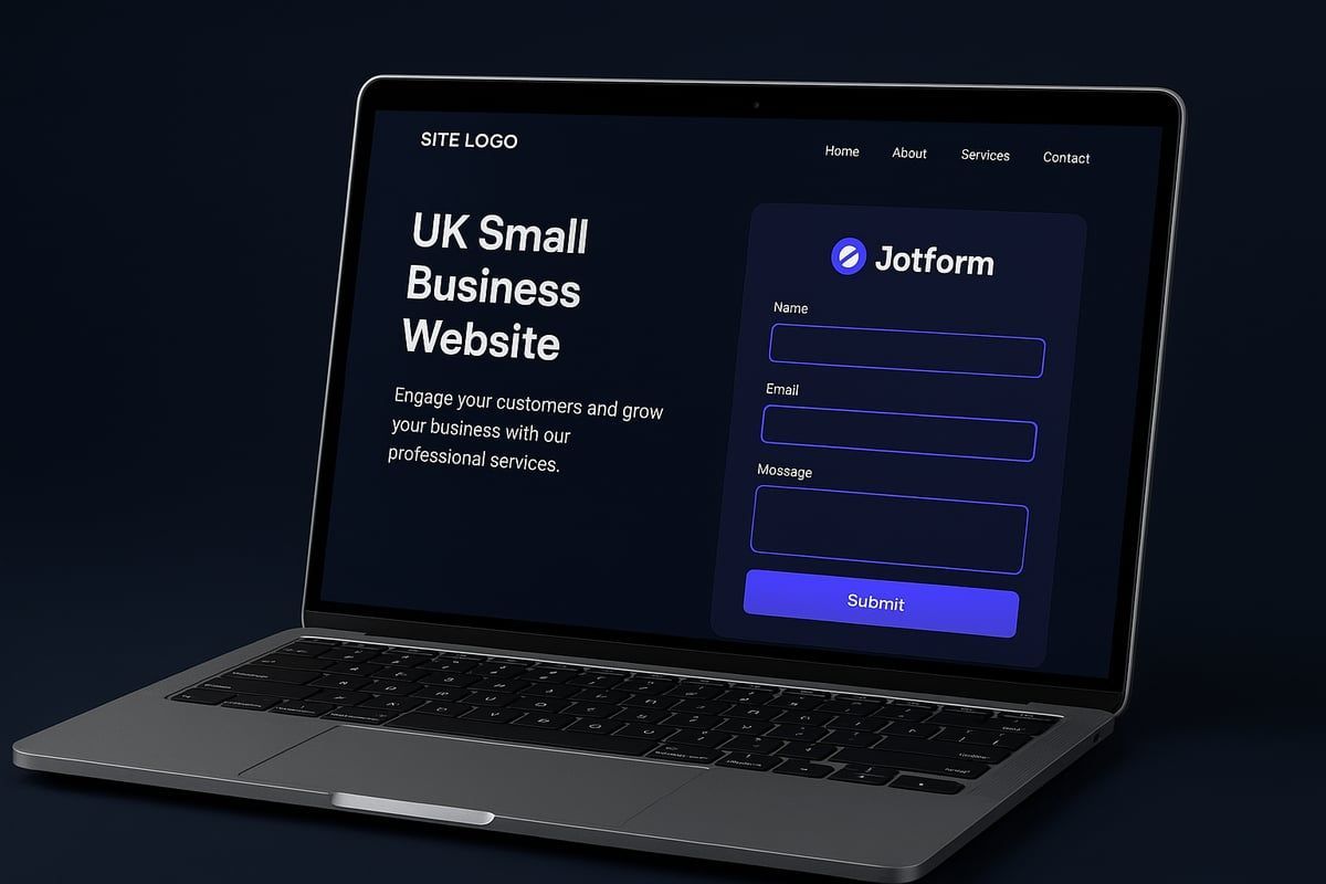 Laptop displaying a Jotform sign-in form. Dark blue interface, text 