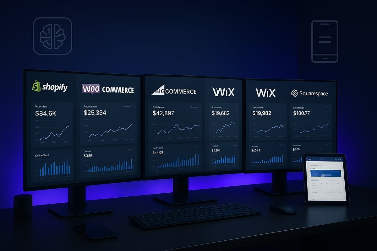 Three computer monitors displaying e-commerce dashboards: Shopify, BigCommerce, Wix, and other statistics. Tablet in front.