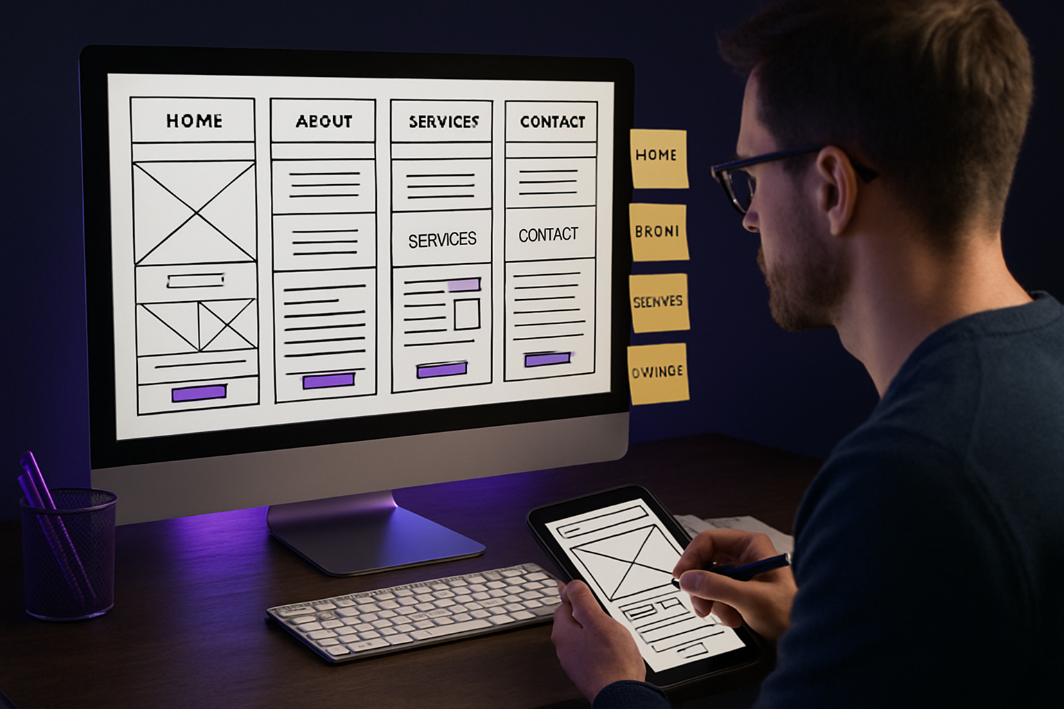 Man designing website wireframes on a computer and tablet, dark setting.