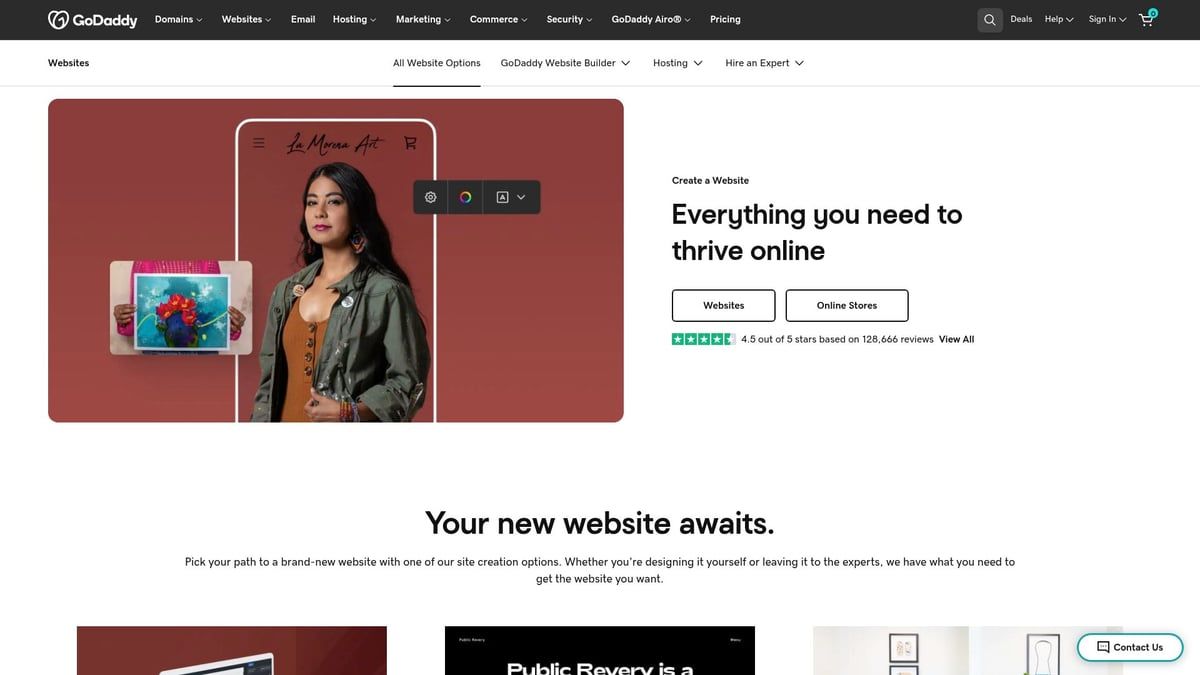 Woman holding phone displaying website on a maroon background. Text: