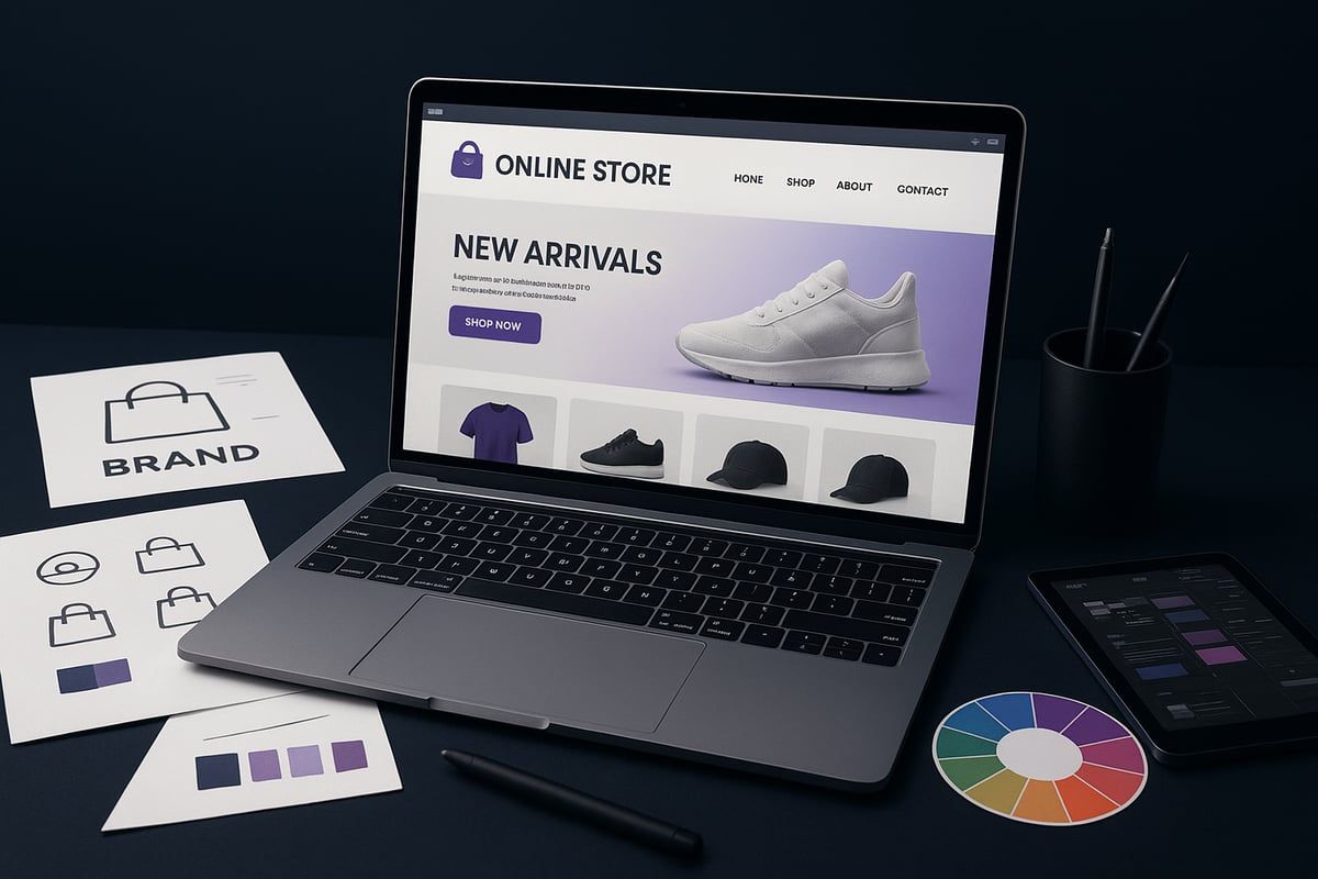 Laptop displaying an online store, with brand design elements and color swatches on a dark desk.