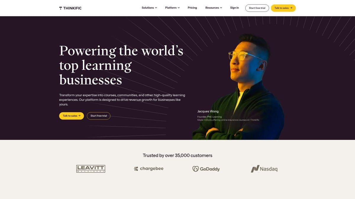 Website landing page with a man and text