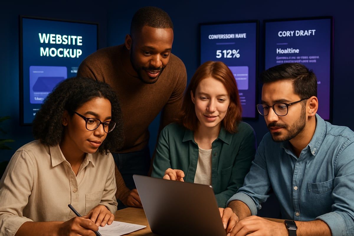 Four coworkers collaborate around a laptop at a table, looking at a screen with blue backgrounds.