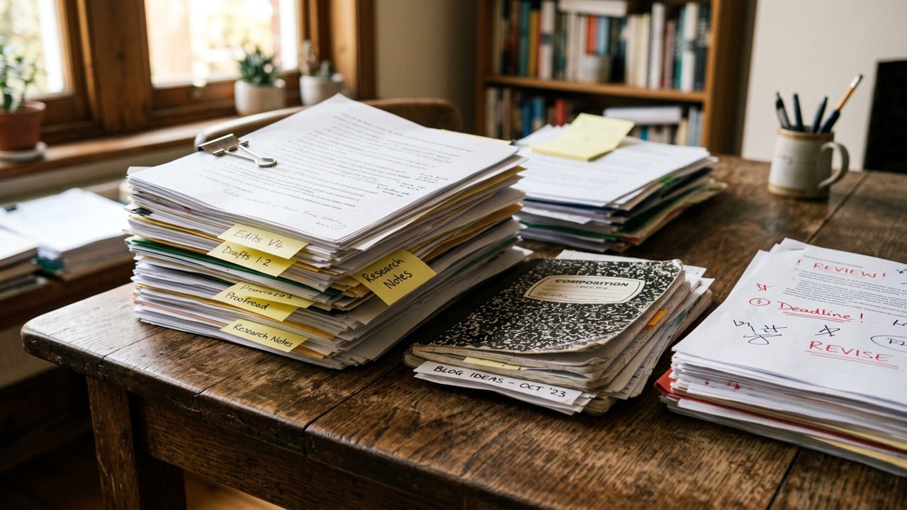 Marked paper stacks on a dark wood table