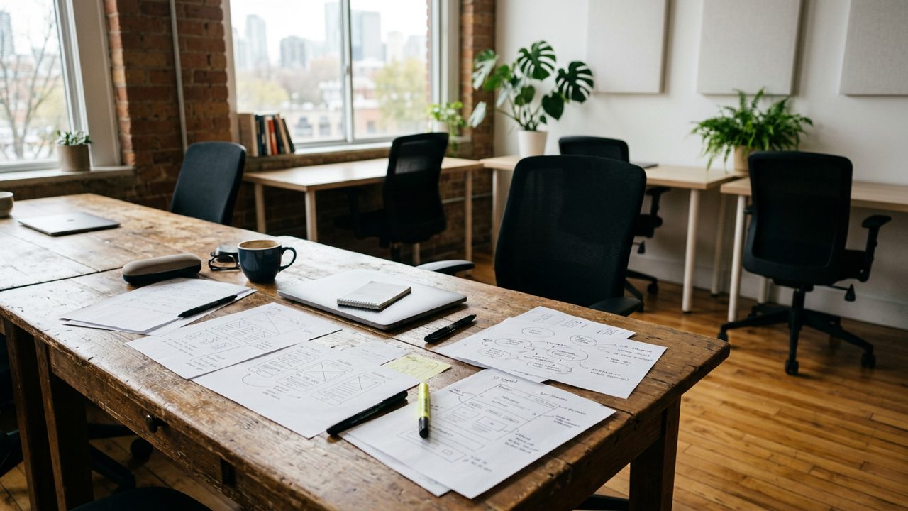 Empty co-working room with website builder notes and printouts