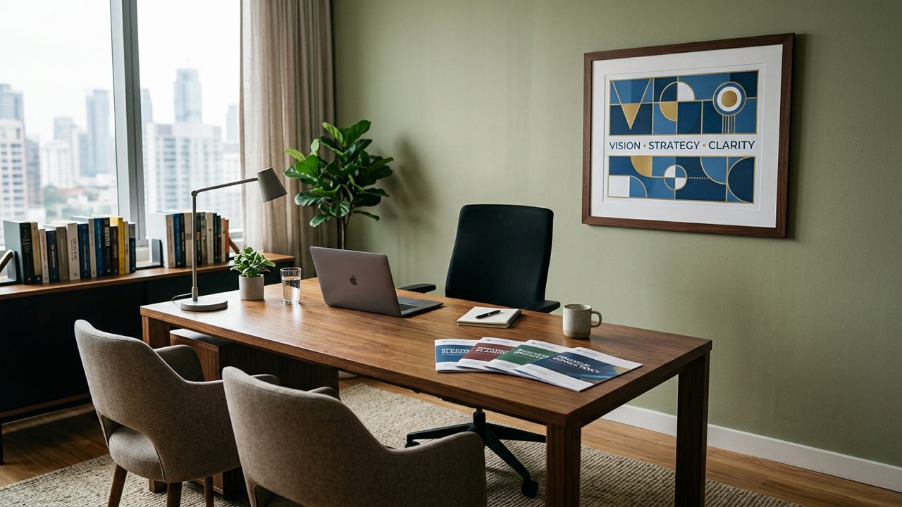 Empty consultant office with brochures and framed print