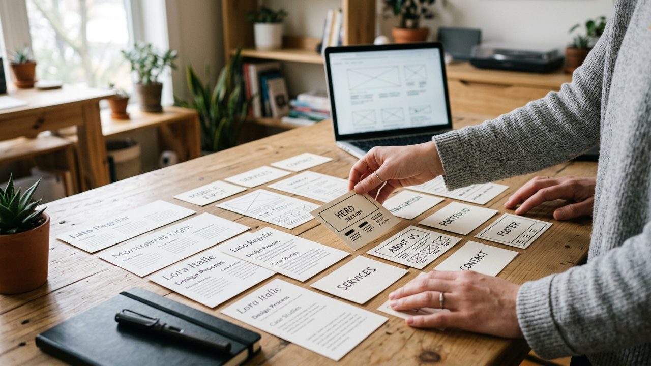 Hands arranging website wireframe cards and font samples