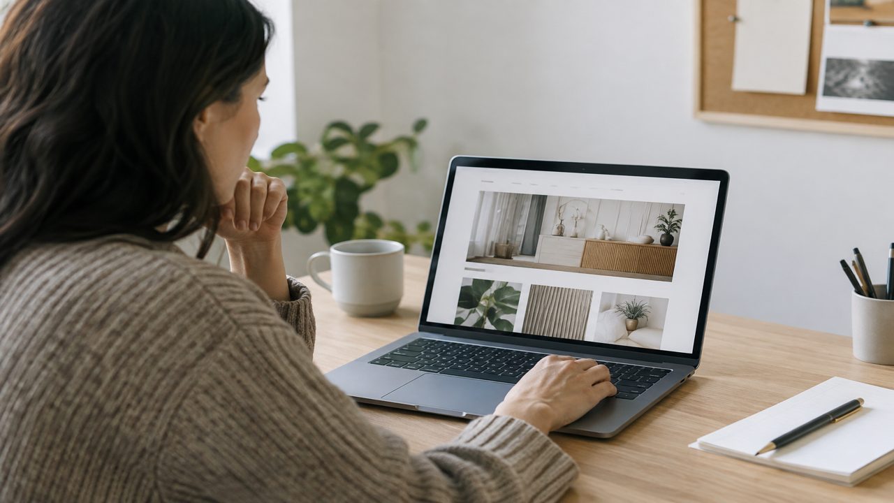 Designer reviewing a free website draft on laptop
