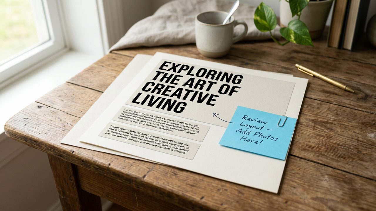 Paper mockup with headline blocks and blue note