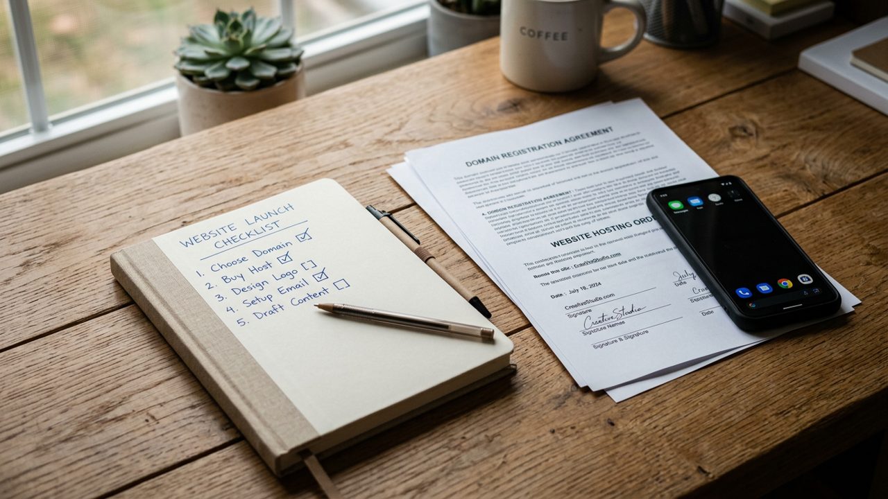 Notebook checklist beside domain paperwork and phone