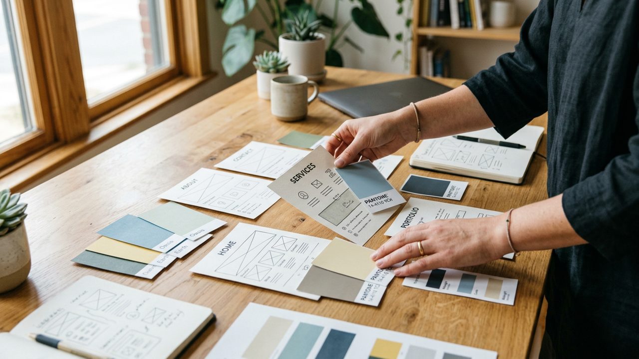 Hands arranging website page cards and color swatches on table
