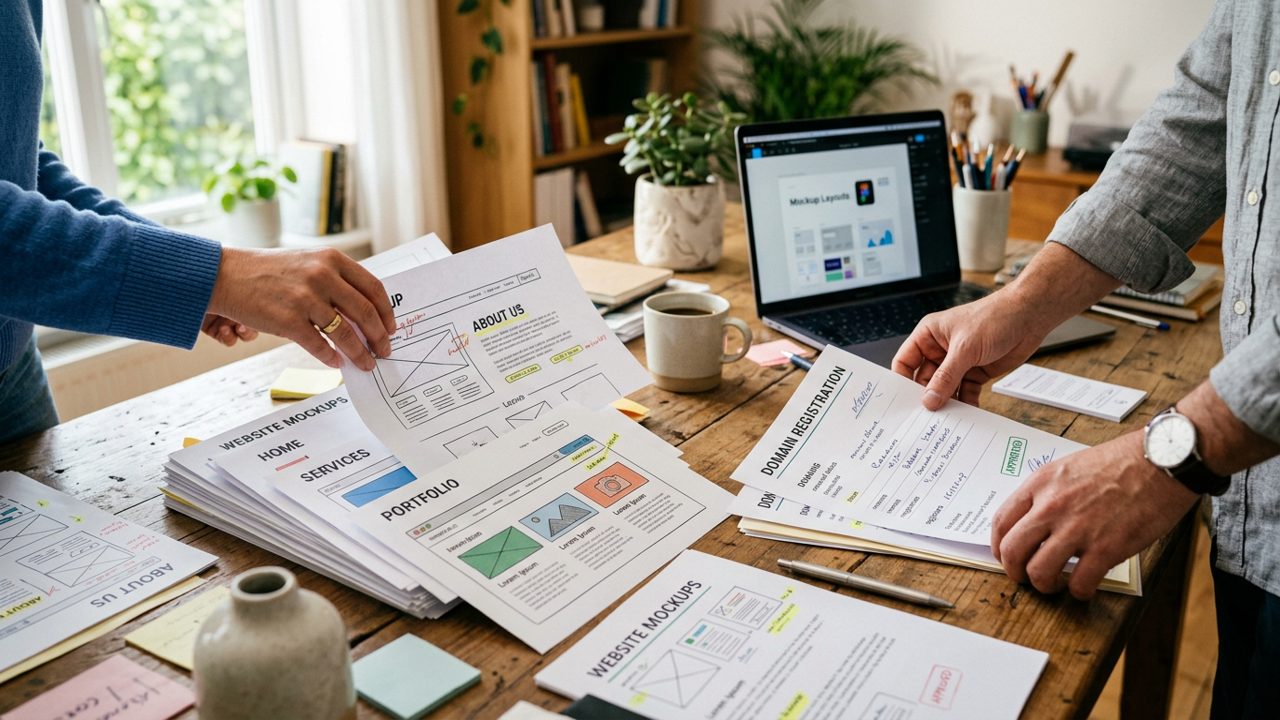 Hands sorting website mockups and domain paperwork