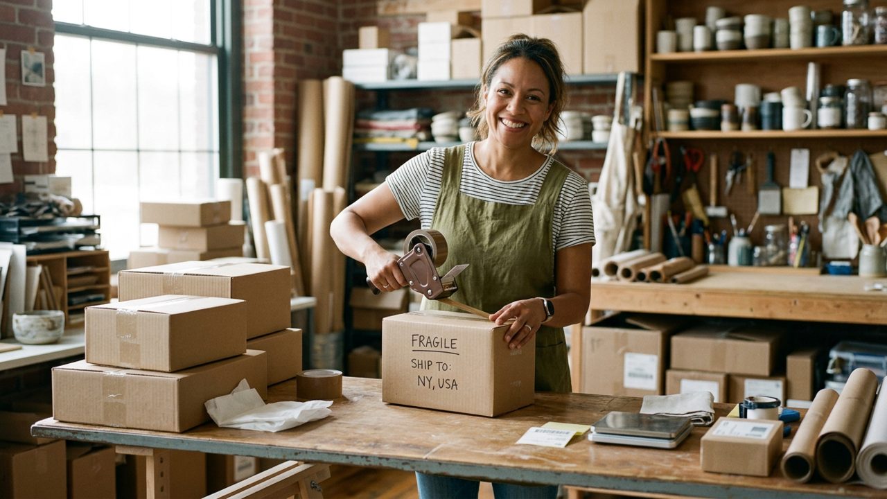 Shop owner holding tape and shipping boxes in a workroom