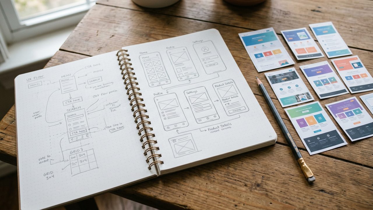 Notebook wireframes, pencil, and template thumbnails on a table.