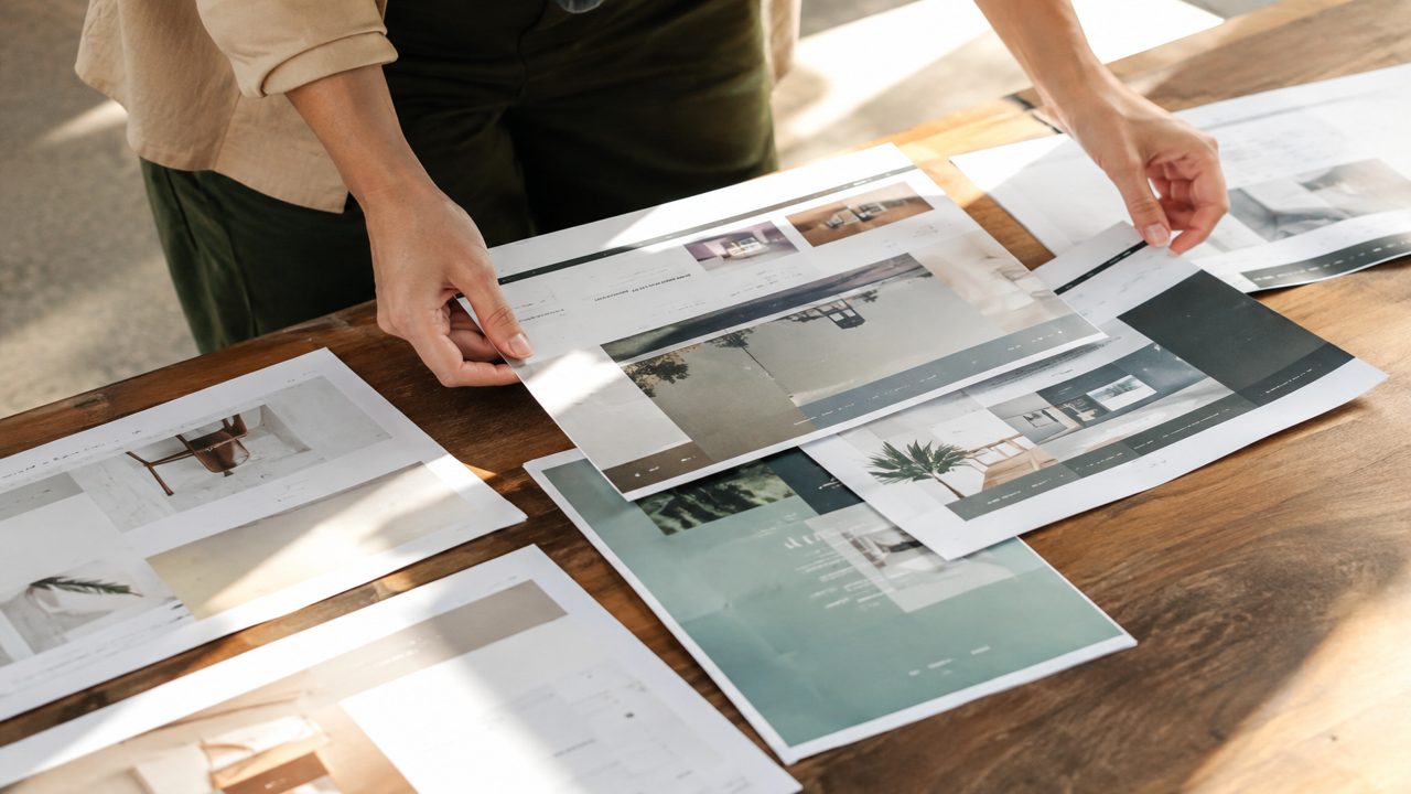 Hands arranging business website template mockups on table