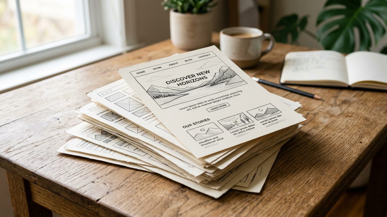 Paper website mockup cards stacked on a table