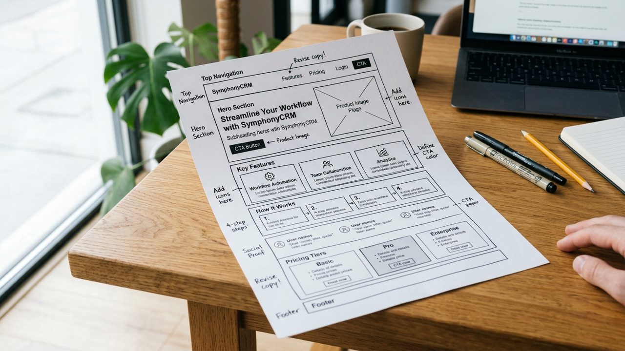 Printed SaaS landing page wireframe with section blocks