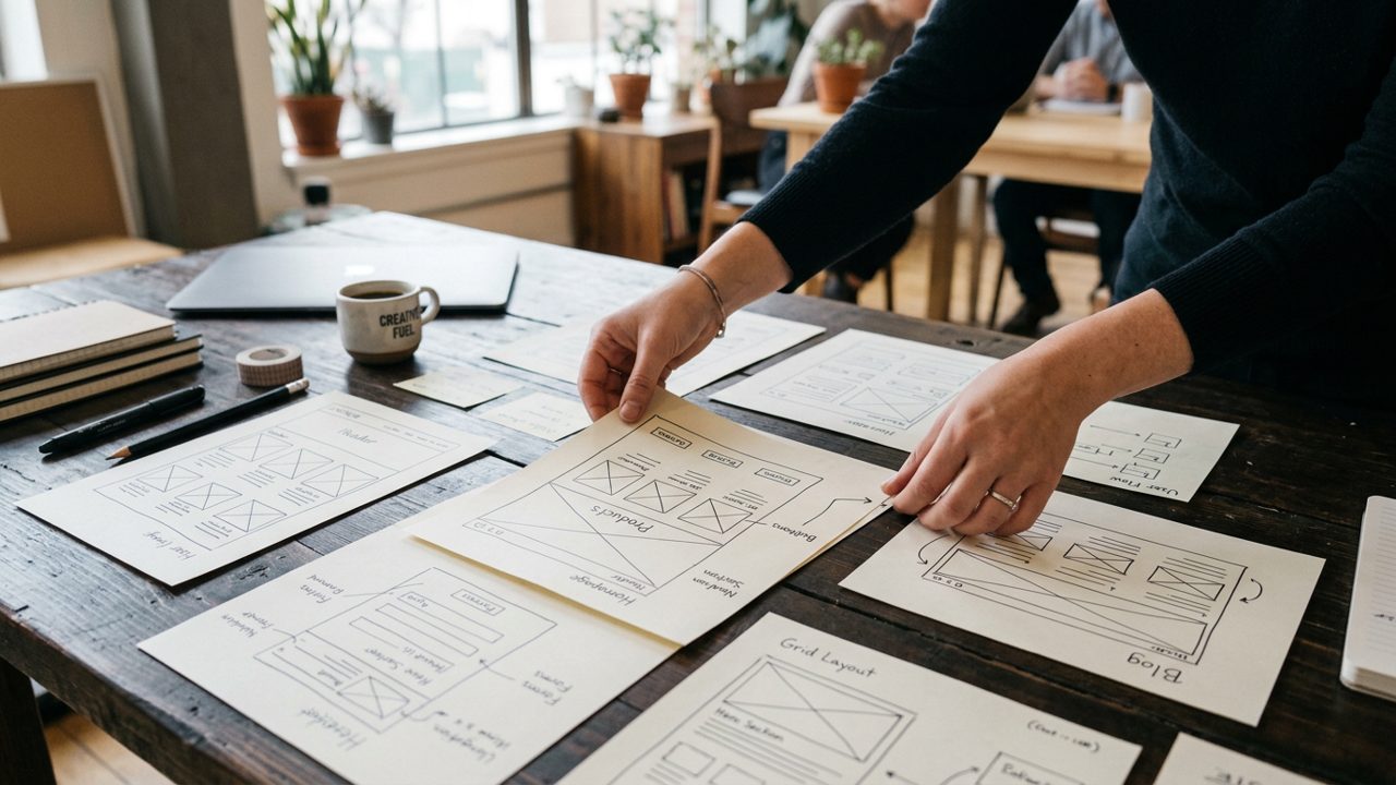 Hands arranging website wireframes on a dark desk
