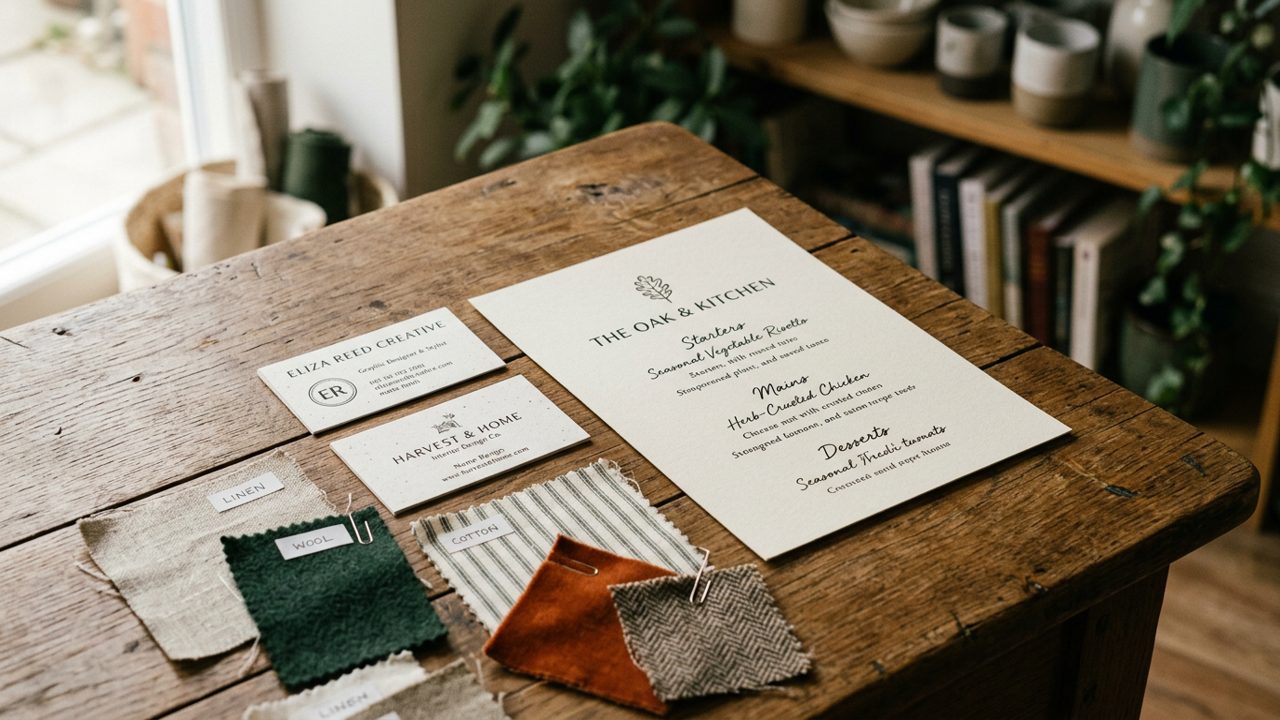 Printed business cards, menu, and fabric samples on wood