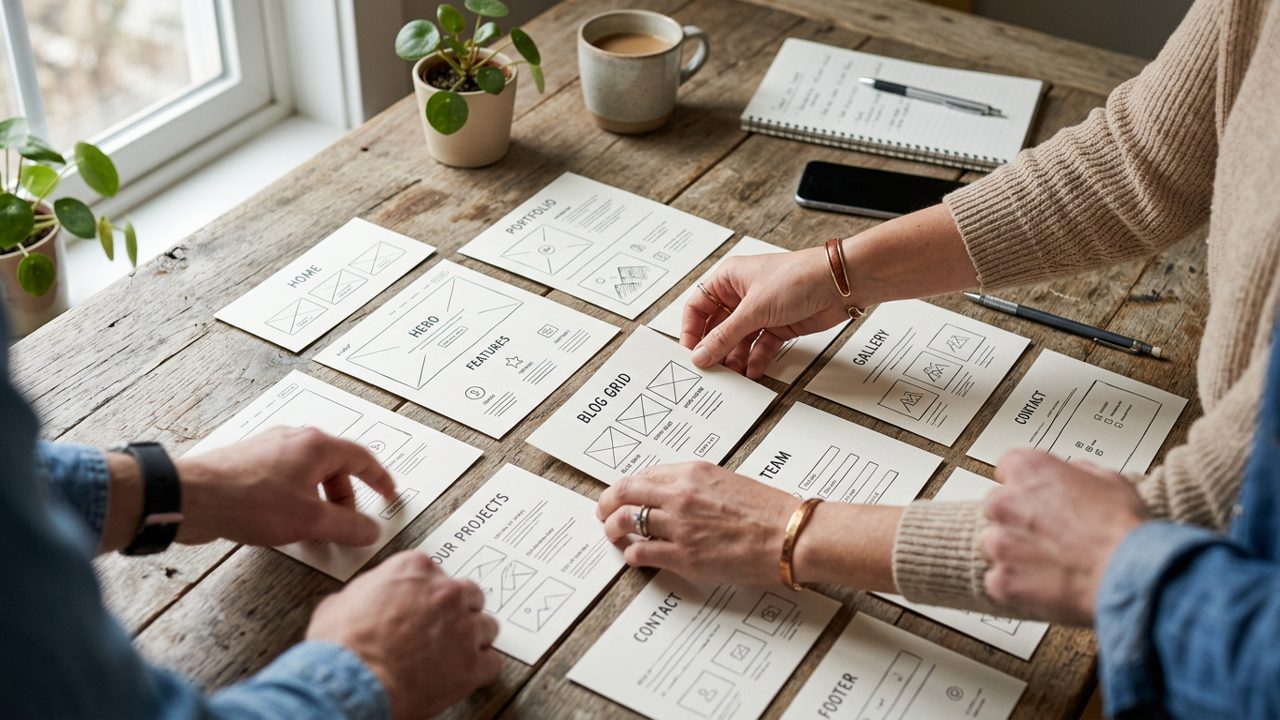 Hands arranging website template cards on a table