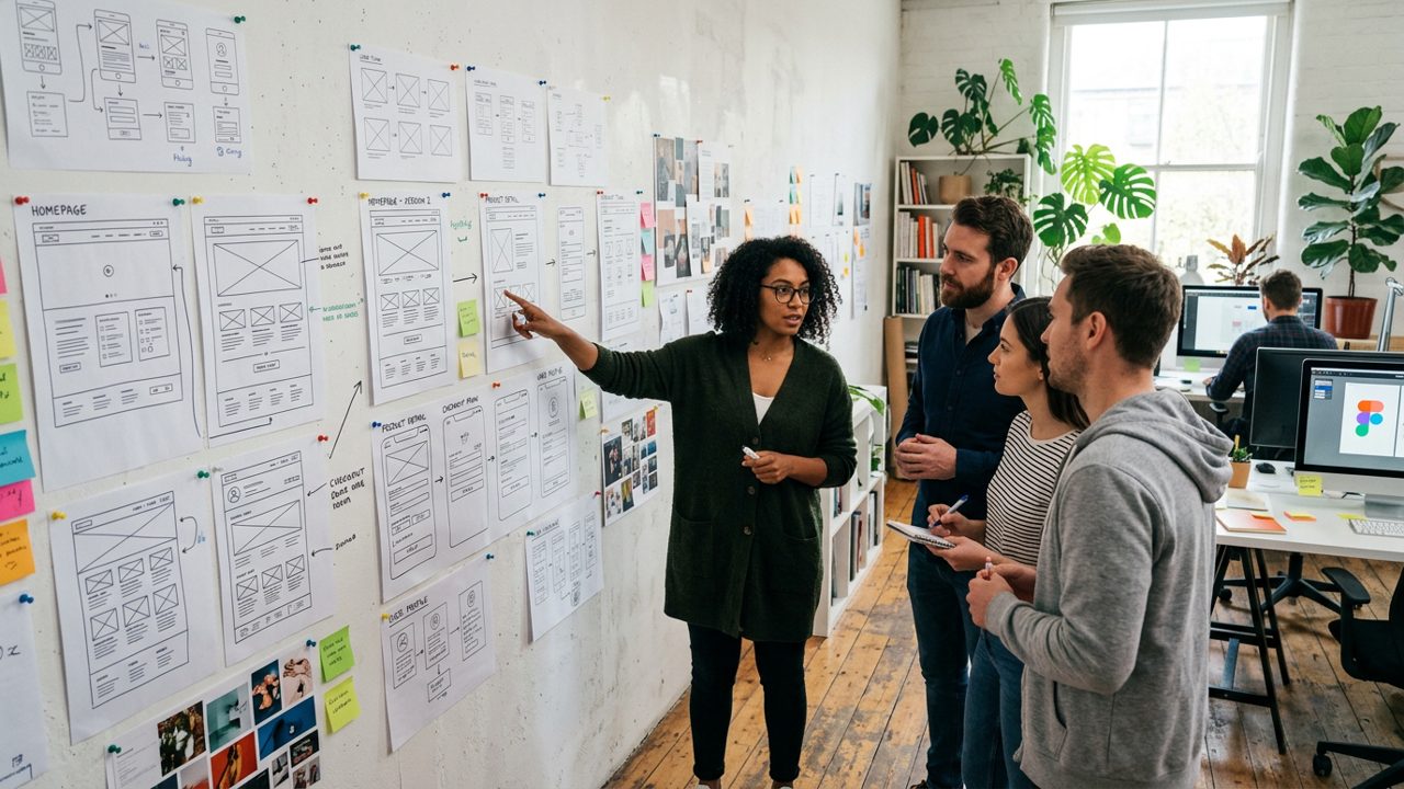 Design studio with website wireframes pinned on a wall
