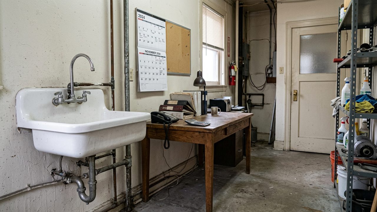 Empty service office with sink, pipes, and calendar