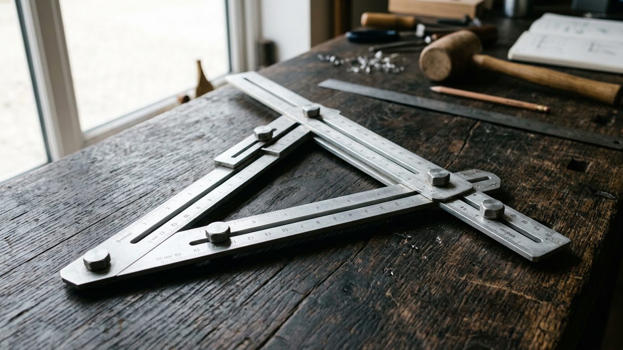 Aluminum layout template tool on dark surface