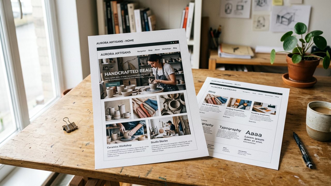Printed website template mockups with layout and typography
