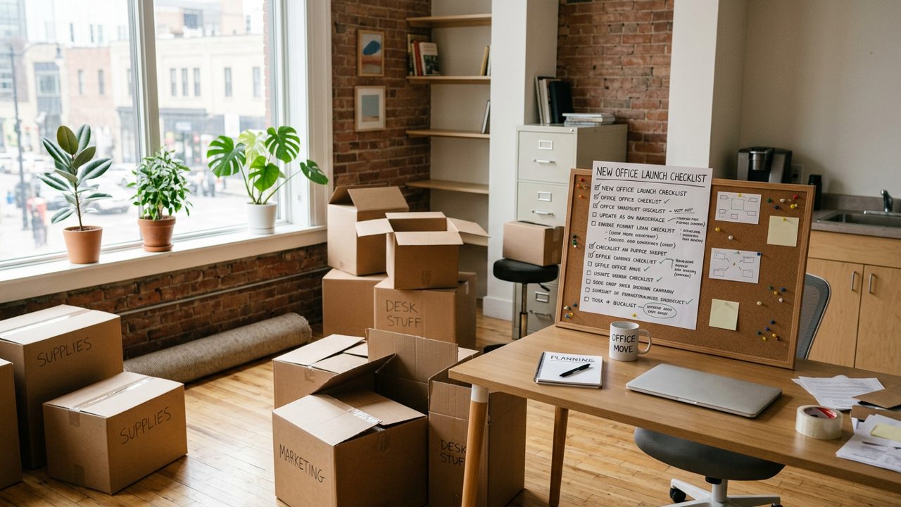 Empty small business office with launch checklist and boxes
