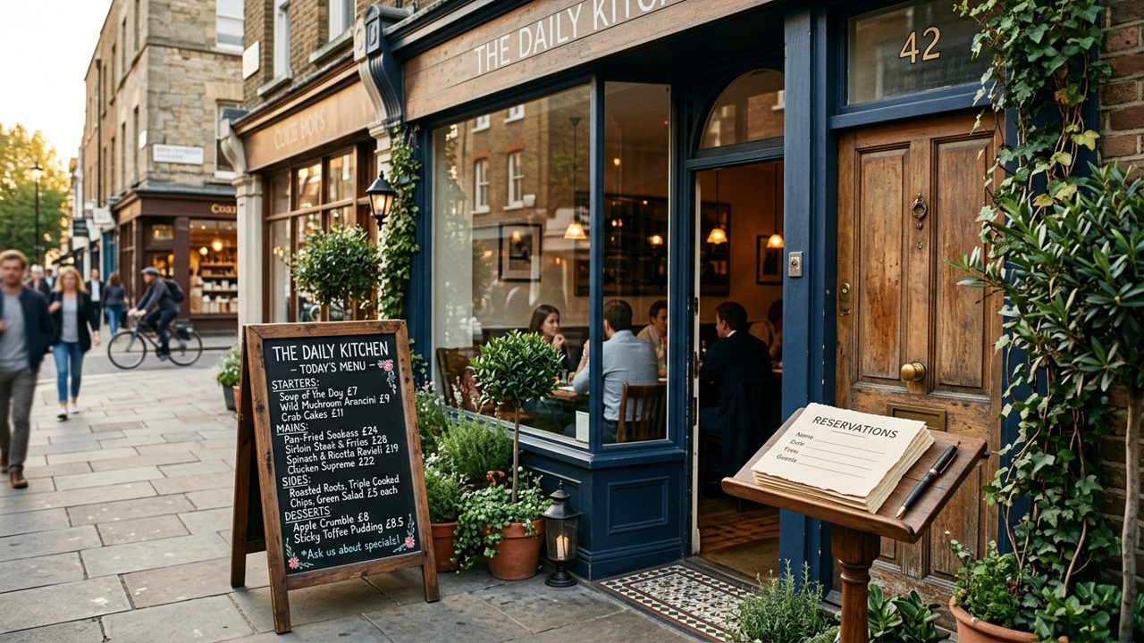Neighborhood restaurant exterior with menu board and reservation cards