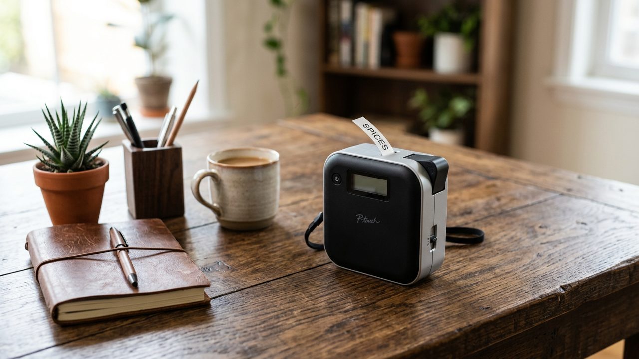 Compact label maker on dark wooden table