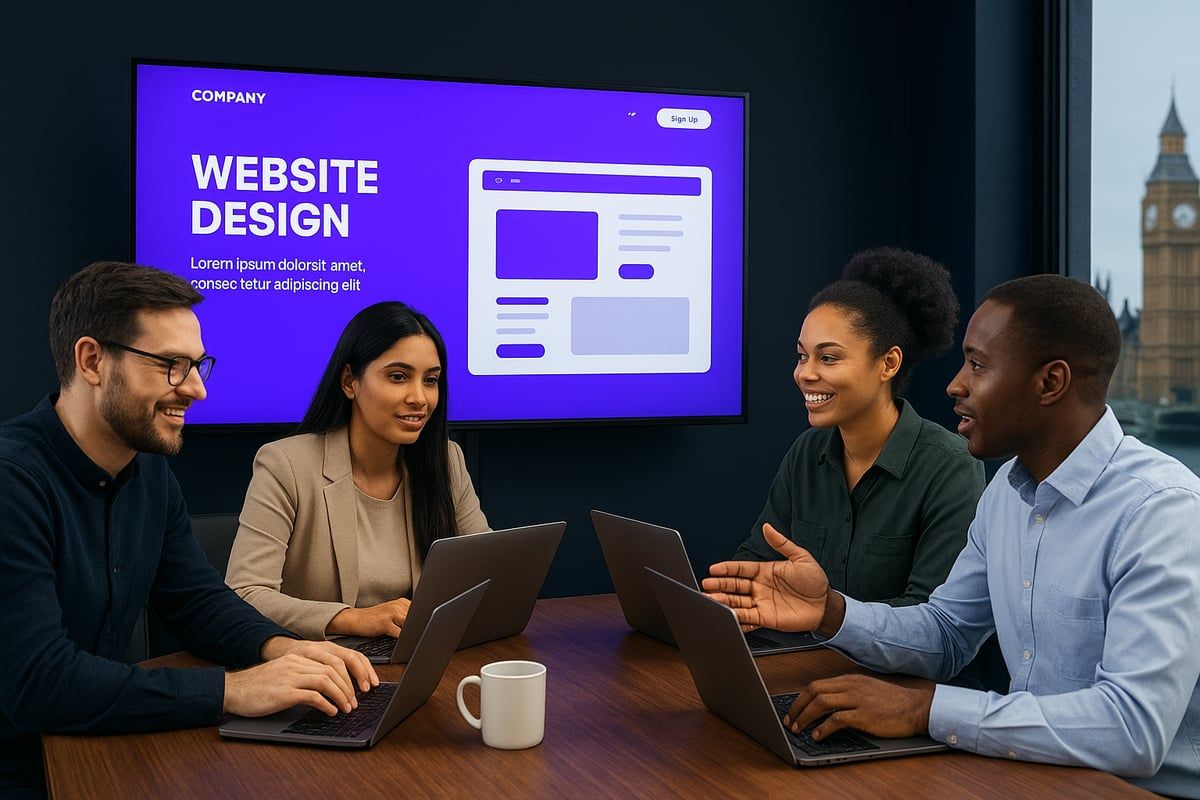 Four people collaborate around a table with laptops, a screen displays 