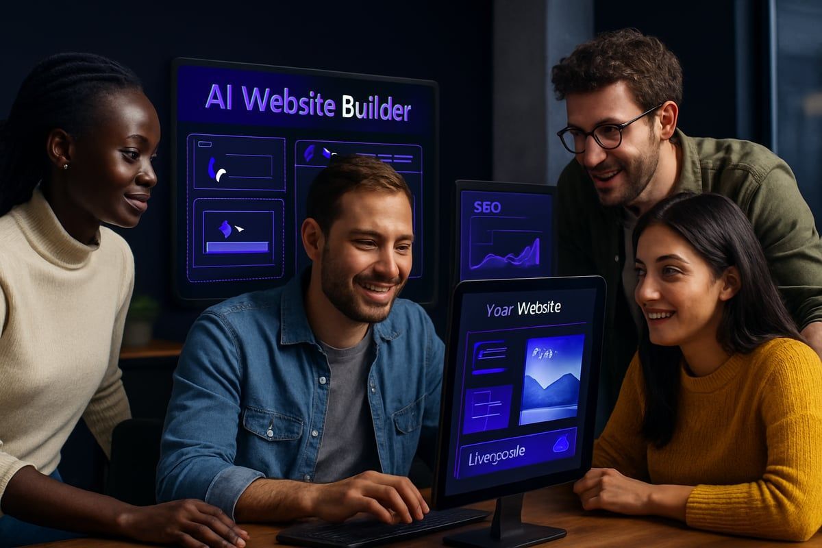 Team looking at a computer screen displaying an AI website builder interface in a dark office.