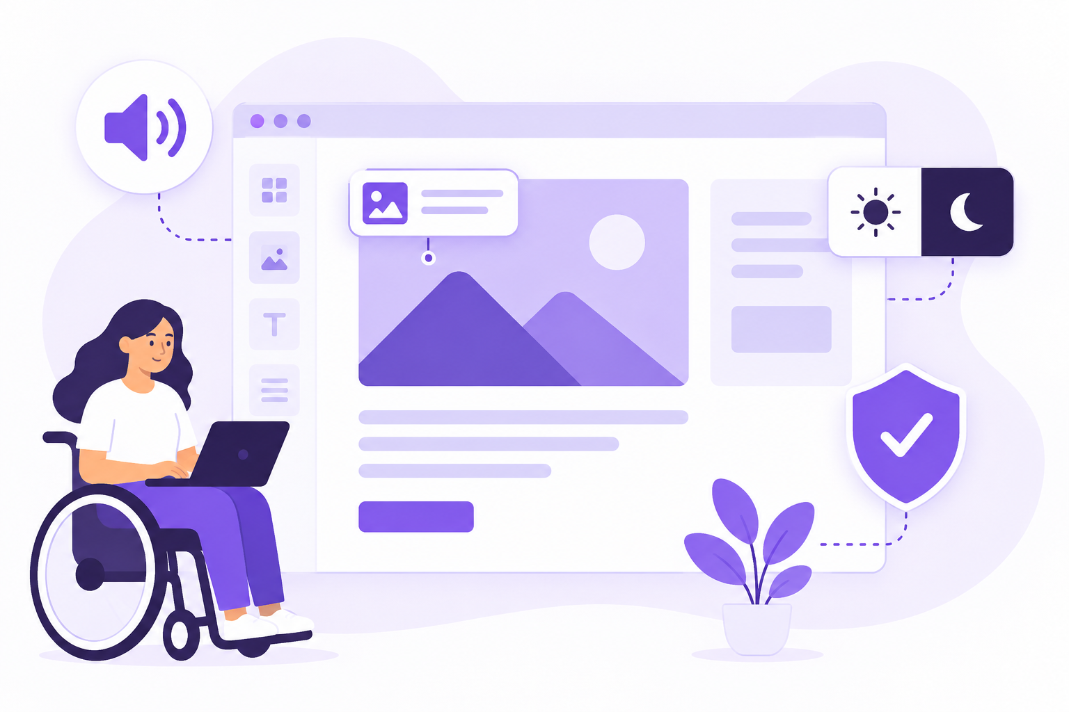 Website builder interface with accessibility tools: screen reader support, alt text, contrast toggle and compliance badge
